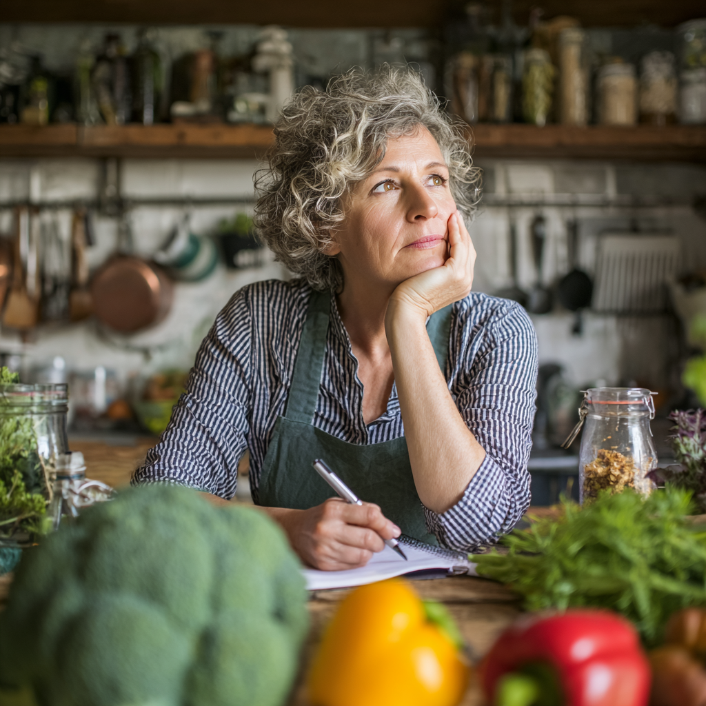 middle-aged woman planning healthy meals at kitchen table